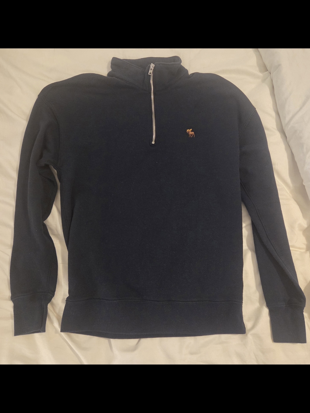 Abercrombie & Fitch Navy Quarter-Zip Sweater with Embroidered Moose